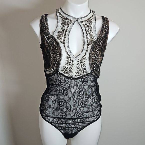 Nasty Gal Tops - Nasty Gal XLarge Black Beaded Sheer Bodysuit